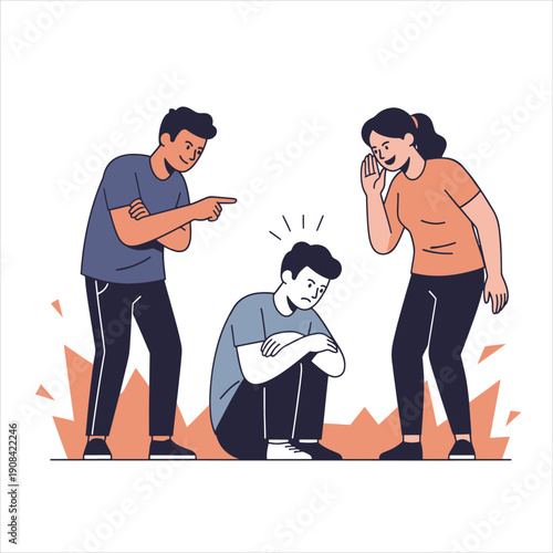 Teenage Bullying and Harassment Vector Illustration - Social Issues Concept with Sad Boy and Peers Mocking