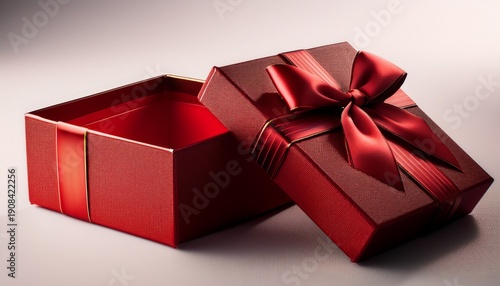 Single Elegant Red Gift Box With Its Lid Slightly Ajar And Resting Beside It