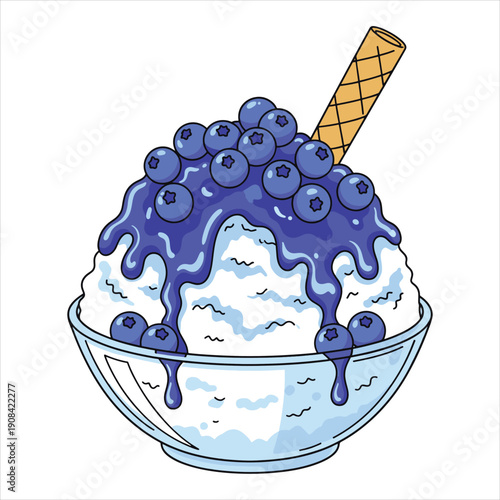 Blueberry Shaved Ice Dessert Vector Illustration - Japanese Kakigori with Syrup, Fresh Berries, and Wafer Stick
