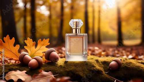 Elegant Perfume Bottle On Autumn Forest Floor With Acorns And Leaves