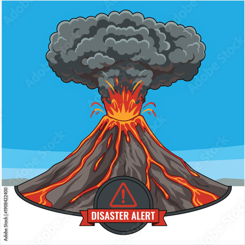 Volcano Eruption with Lava Flow and Ash Cloud Vector - Natural Disaster Alert Emergency Concept Illustration