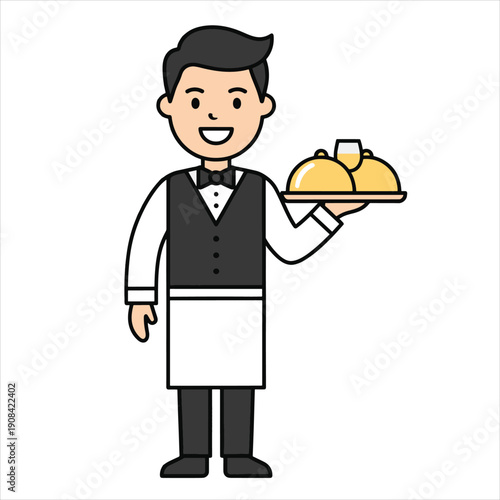 Professional Male Waiter Cartoon Character - Smiling Restaurant Server Holding Food Tray Vector Illustration