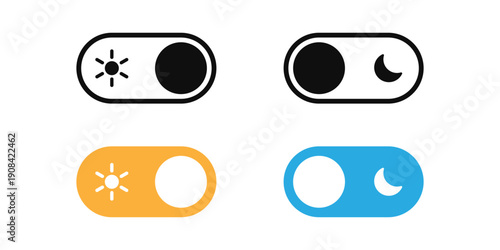 Light and dark mode toggle switch icons. Set of day and night mode toggle switch icons for web and app interface design, featuring sun and moon symbols.