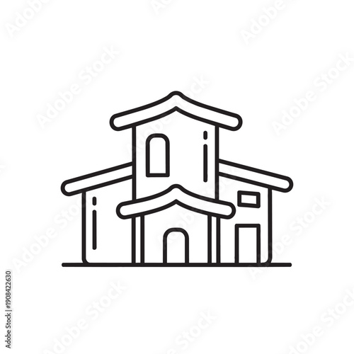 Simple line of a two-story house with a pitched roof and arched doorway building