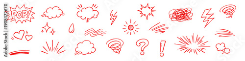 Hand-drawn comic book elements and doodle icons set. Black, blue, red ink sketch of speech bubbles, lightning, stars, and expressive symbols on white background.