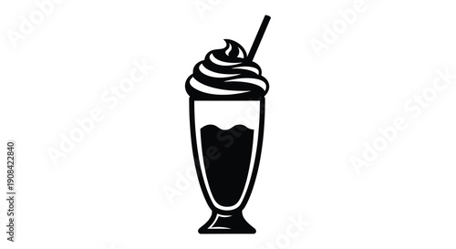 A black and white illustration depicts a tall glass of chocolate milkshake with whipped cream and a straw