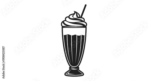 A black and white illustration depicts a tall glass filled with a dark beverage and topped with whipped cream