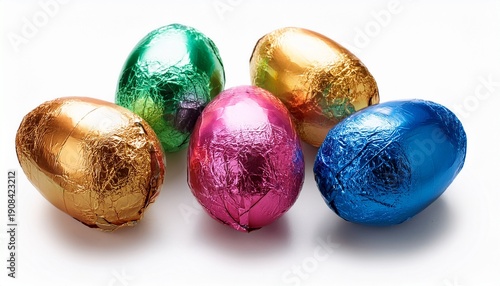 Chocolate Easter Eggs Wrapped In Multi Colored Foil Isolated On White Background