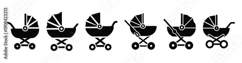 Vector set illustration of baby stroller icons. Simple transport silhouette icon design collection.