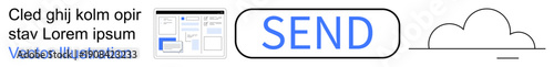 User interface design, web development, digital tools, cloud data, sending messages, technology applications. Includes cloud icon, send button text and module layout. Web development and cloud data