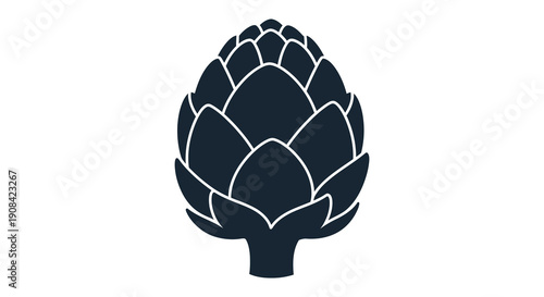 A striking graphic illustration depicts a dark blue artichoke with overlapping petal like leaves and a sturdy stem