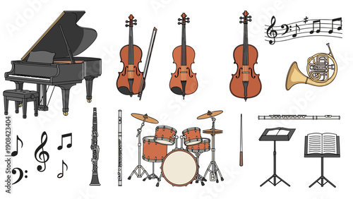 Collection of various musical instruments and music notes