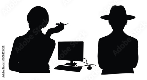 A shadowy depiction of two figures and a computer seemingly engaged in a clandestine meeting silhouette high quality