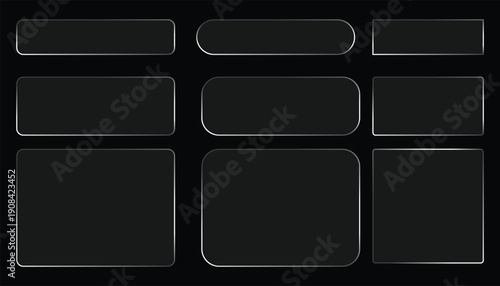 Glass liquid ui button set with transparent 3d effect - rectangle frame box elements in various sizes and proportions, glossy morphism style borders for modern interface design on dark background.