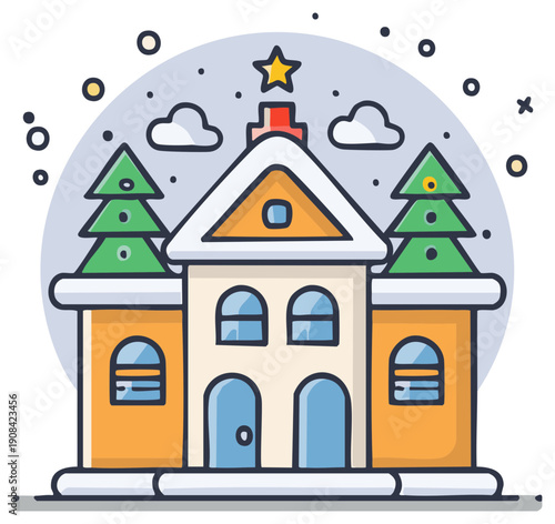 Whimsical cartoon house with Christmas trees and falling snow illustration