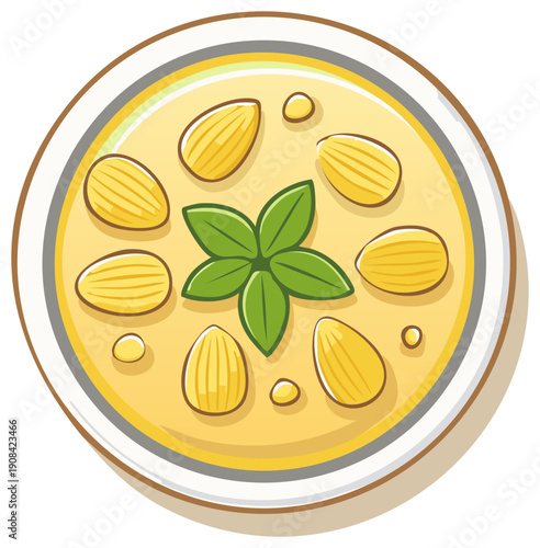 Cartoon illustration of a bowl of creamy almond soup garnished with fresh herbs