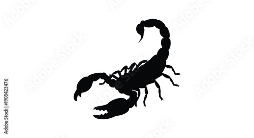 A striking silhouette depicts a scorpion with its characteristic curved tail and prominent claws set against white
