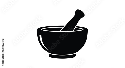 A minimalist black icon depicting a traditional mortar and pestle used for grinding presented as a silhouette