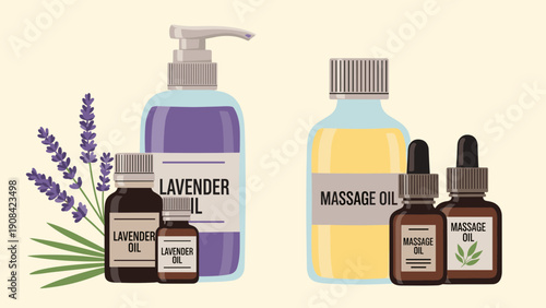 Aromatherapy products with lavender oil and massage oil on beige background