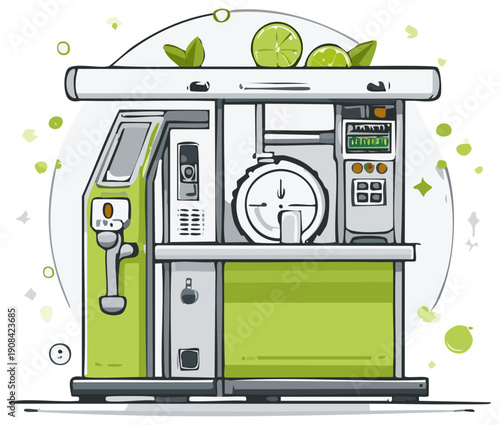 Modern automated lime green beverage dispensing machine with fresh citrus fruit illustration