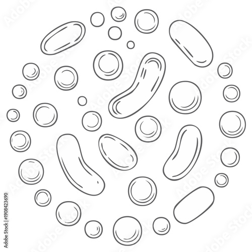 Hand-drawn microbes illustration: bacteria, cells, virus and microorganisms in a circular design, biology, medical and health concept.