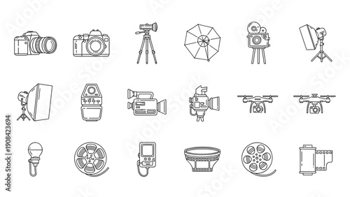 Collection of various film and photography equipment icons in line art style