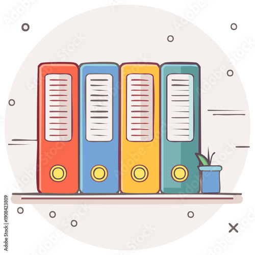 Row of colorful file binders and a plant organized on an office shelf vector cartoon illustration
