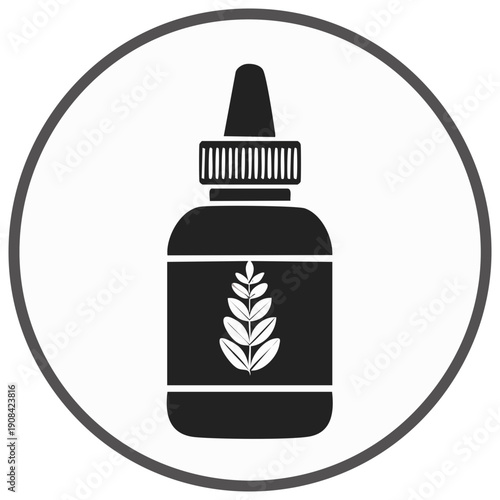 Black and white icon of a dropper bottle with a plant leaf symbol inside a circle