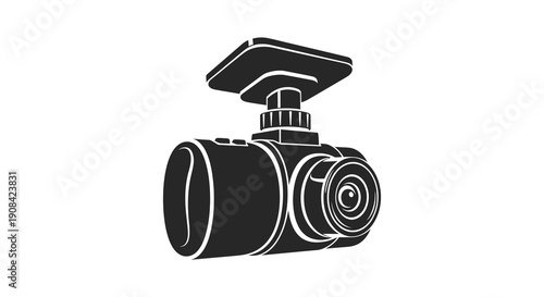 A stark black and white illustration depicts a dashboard camera showcasing its compact design and lens features high quality professional