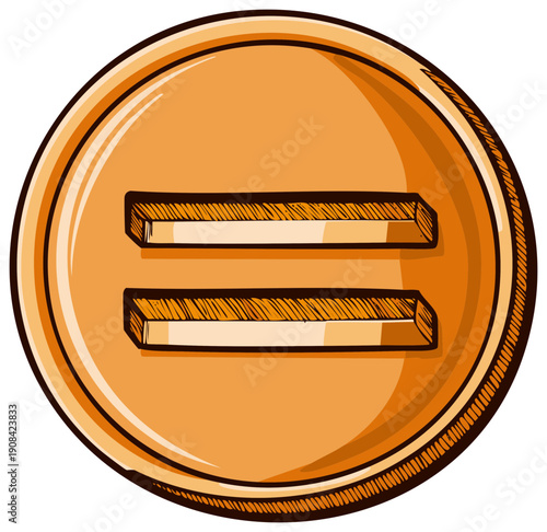 Equality Symbol on Golden Coin Cartoon Style, Mathematical Equation Illustration