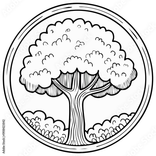 Black and white detailed sketch of a mature tree and bushes contained in a circular emblem