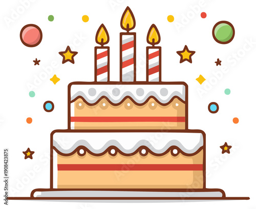 Tiered birthday cake with lit candles, stars, and colorful festive elements