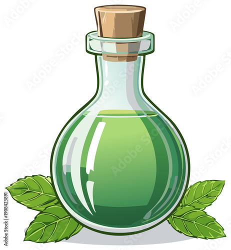 Glass bottle with green liquid and cork stopper surrounded by fresh mint leaves