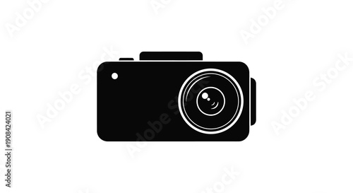 A minimalist black silhouette depicts a compact digital camera with a prominent lens and viewfinder high quality professional
