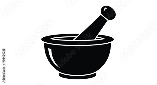 A black silhouette depiction of a traditional mortar and pestle used for grinding herbs and spices silhouette