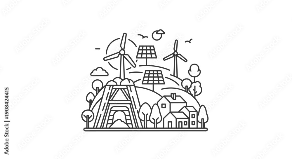 Naklejka premium Sustainable eco friendly landscape with renewable energy sources.