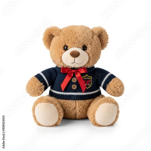 Adorable Plush Teddy Bear Wearing Navy Sweater With Red Bow