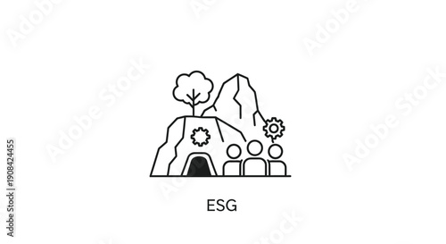 Simple Line Art Illustration of ESG Concept with Mountains and People.