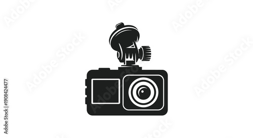 A minimalist black and white illustration depicts a vintage film camera with a prominent flash attachment high quality professional detailed