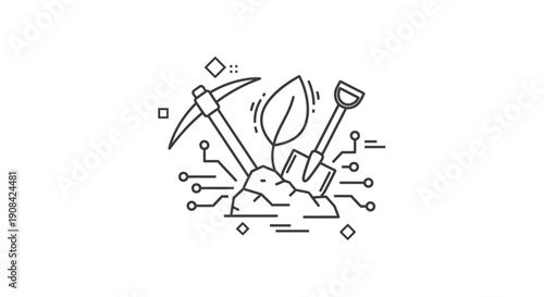 Simple line art illustration of mining tools and gemstone.