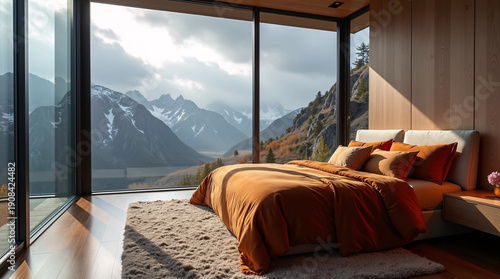 A modern bedroom with floor-to-ceiling glass walls and a stunning snow-capped mountain view.