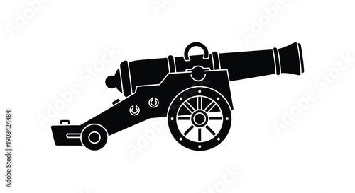 A striking black silhouette depicts an antique cannon showcasing historical weaponry and artillery design silhouette high quality professional