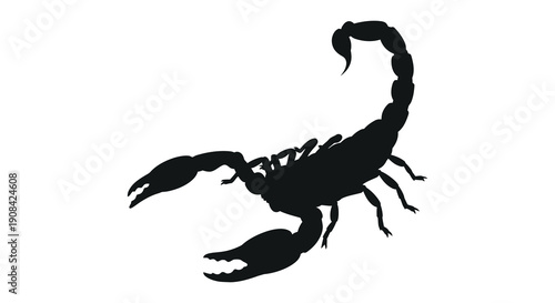 A striking silhouette of a scorpion is displayed in a stark black color against a white background