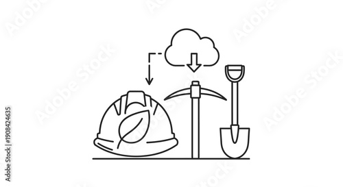 Simple line drawing of construction tools and hard hat.
