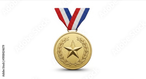 Gold Medal with Red and Blue Ribbon Displayed on White Background
