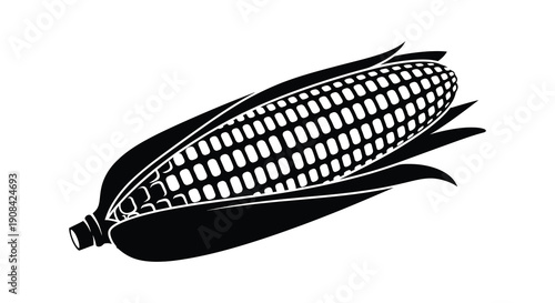 A detailed illustration showcases a single cob of corn with husks presented as a striking silhouette high quality