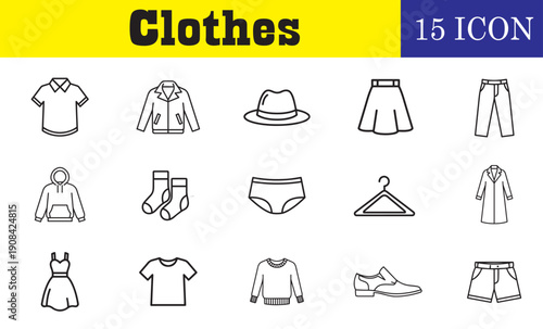 Clothes Line Icon Set – Shirt, Dress, Underwear and Apparel Outline Vector Icons