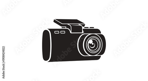 A minimalist black silhouette depicts a compact digital camera with its flash extended suggesting photography high quality professional