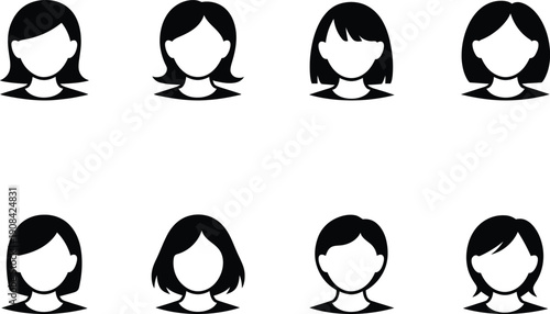 Collection of eight stylized black and white female avatars showcasing diverse hairstyles isolated on transparent background