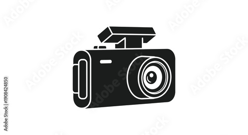 A minimalist black silhouette depicts a compact digital camera with a flash emphasizing photographic technology high quality professional